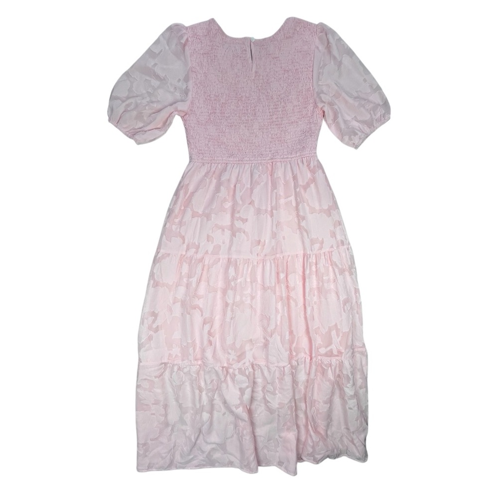 Merokeety Pink Short Puff Sleeve Midi-Dress Floral Design. Size Medium - Picture 3 of 14
